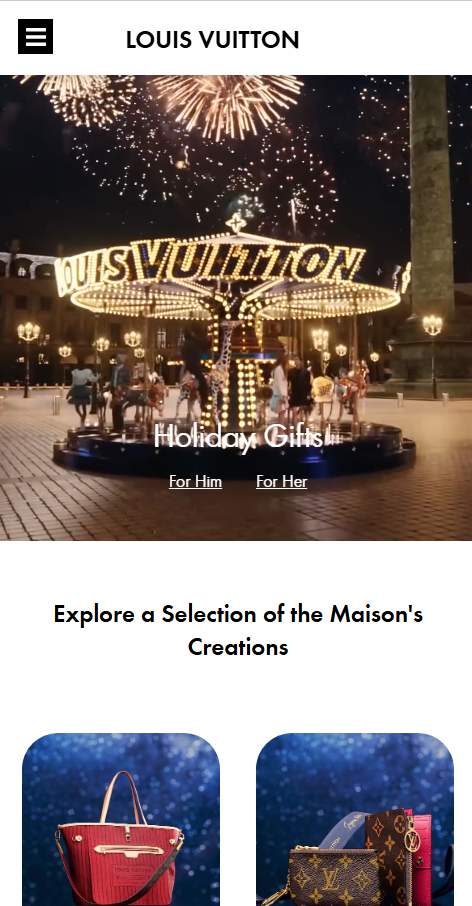 Louis Vuitton coded homepage, Holiday Gifts hero carousel