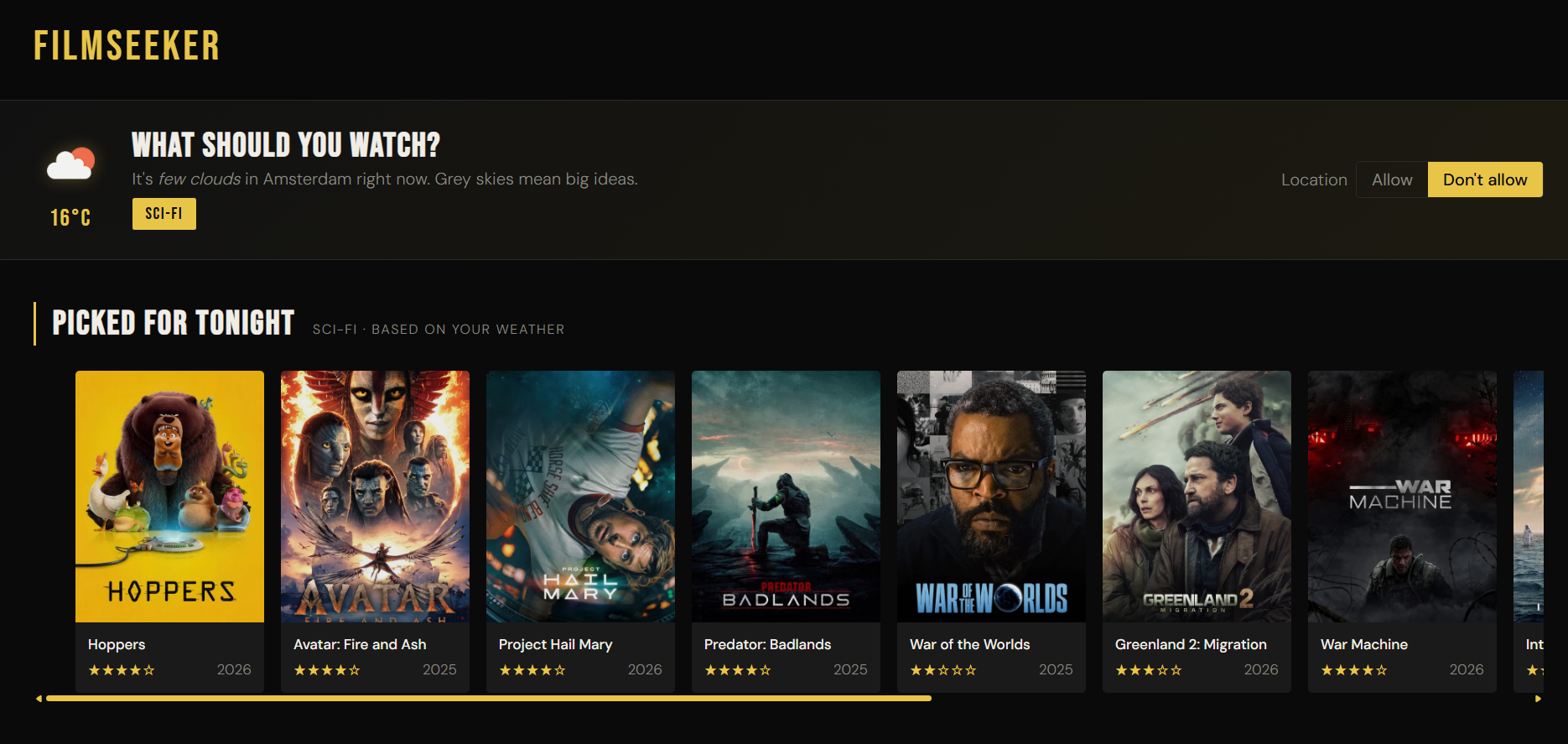 FilmSeeker homepage: weather-based movie recommendations and carousel
