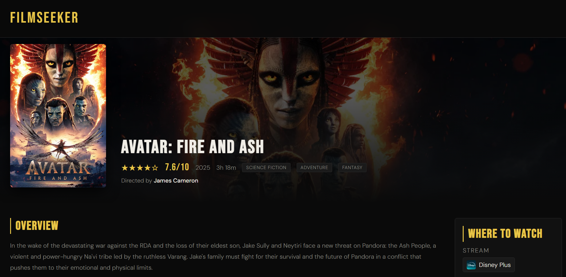 FilmSeeker movie detail page for Avatar: Fire and Ash, with rating, overview, and where to stream