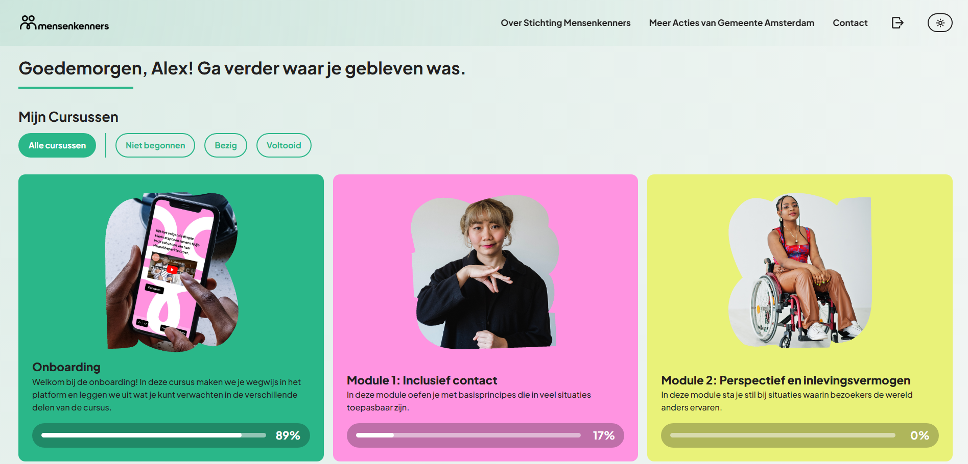 Mensenkenners dashboard: course overview with progress tracking