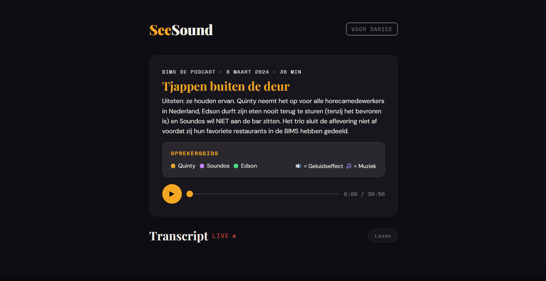 SeeSound main screen: podcast player with speaker guide and transcript access
