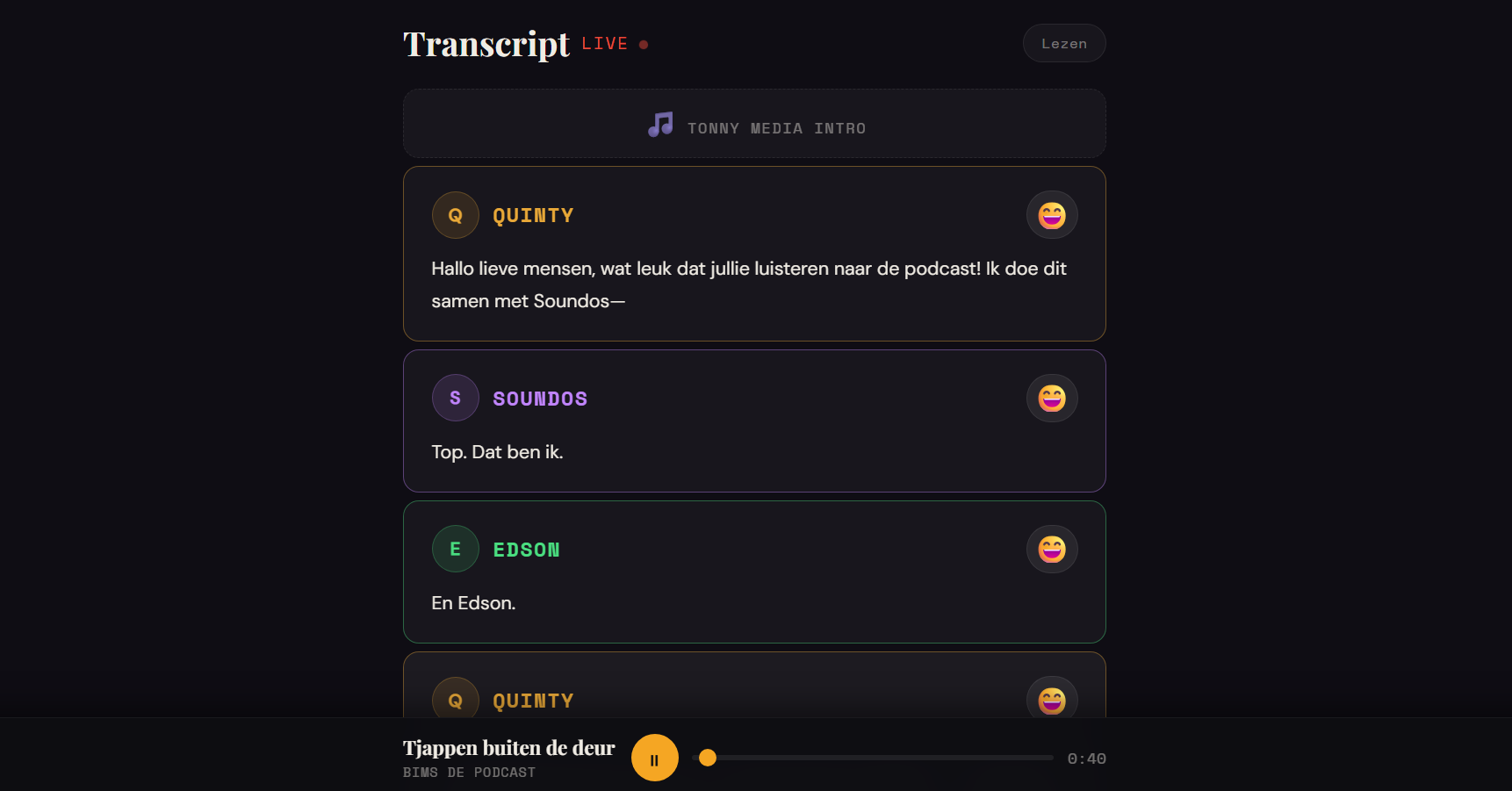 SeeSound transcript view: speaker-coded bubbles with emoji emotion tags and sticky player